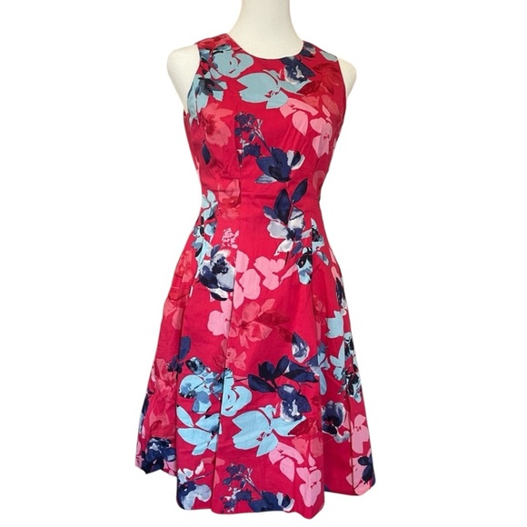 VINCE CAMUTO PINK SLEEVELESS FLORAL PRINT FIT AND FLARE MIDI COTTON DRESS 8 NEW - Picture 2 of 11